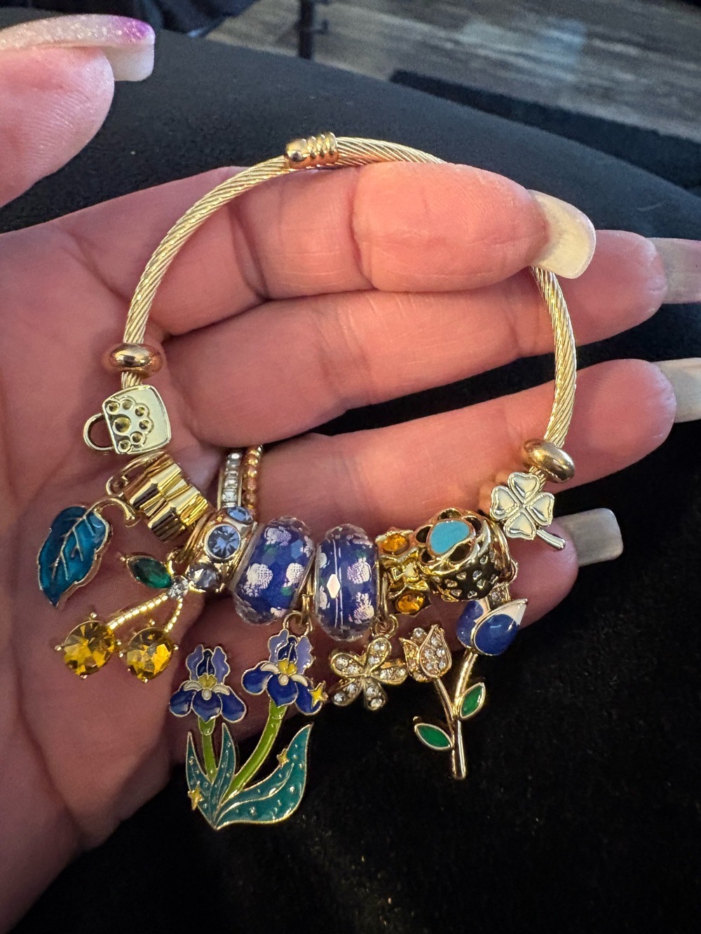Bracelet- Gold Tone Alloy Charm Bangle Bracelet,